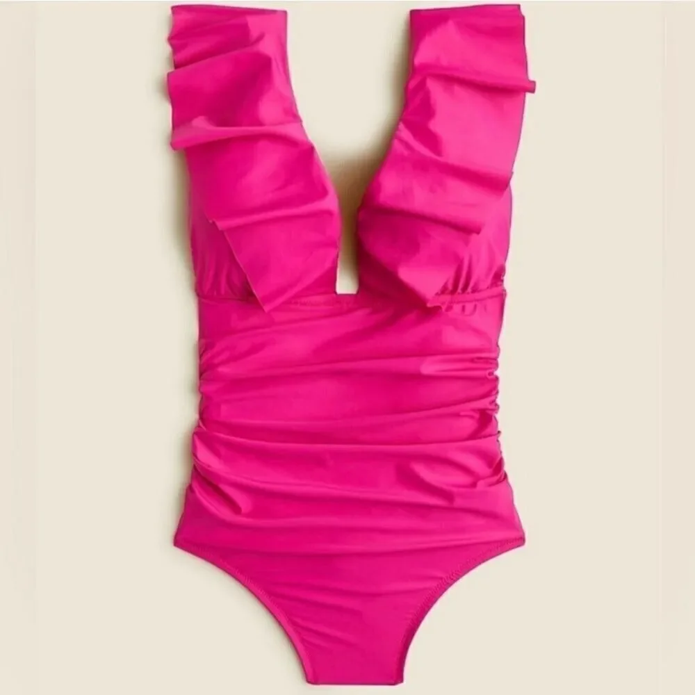 J. Crew Ruched V Neck Ruffle One Piece Swimsuit Women's Plus 20 Fuchsia Pink